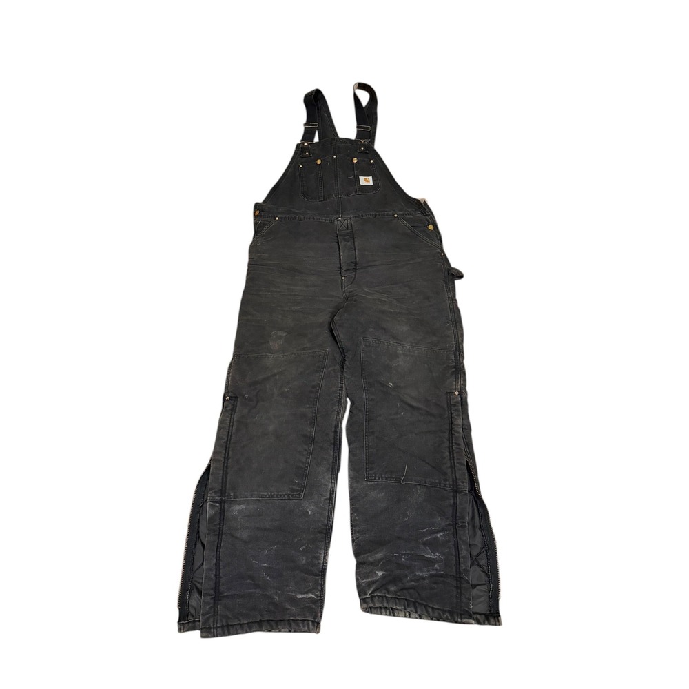 Carhartt BLK Duck Bib Overalls Quilt Lined Double Knee Black Workwear Mens 38x32